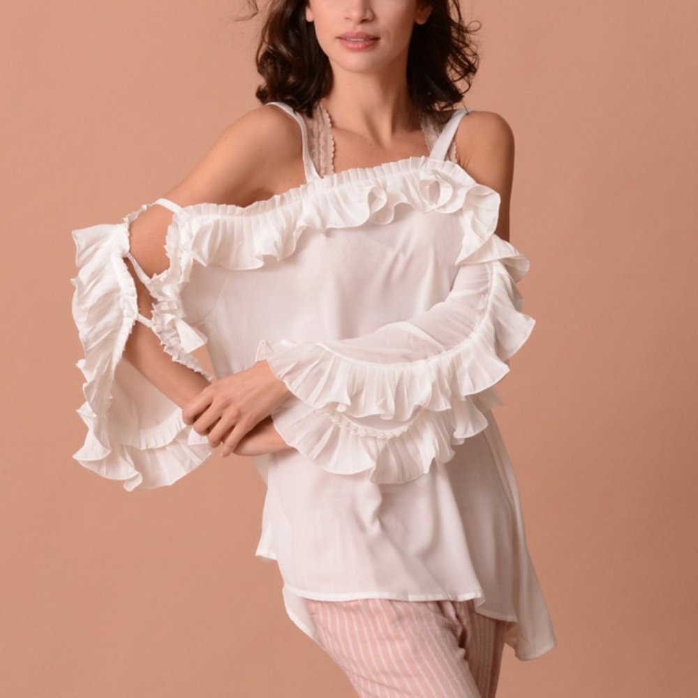 new PRETTY ANGEL DARE TO BARE SHIRT blouse COLD SHOULDER bohemian CREAM SM-XL
